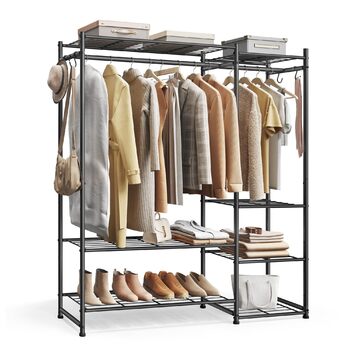 Вішалка для одягу SONGMICS, Відкрита шафа, Вішалка для пальто з 7 полицями, 2 вішалки для одягу, 4 S-подібних гачки, Металевий каркас, для спальні, вітальні, вхідної зони, Чорний LGR010BZ01 124.8W см