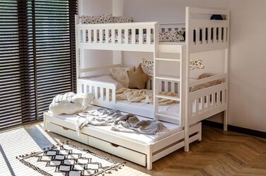 Дитяче колективне ліжко-горище 90x200 з висувним ліжком Двоярусне ліжко з висувною функцією, дві шухляди, решітчастий каркас, захи