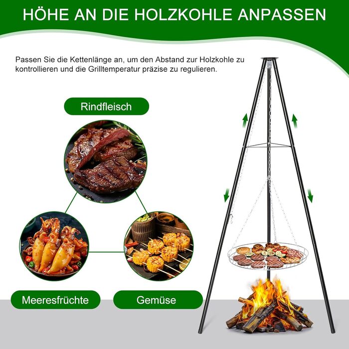 Мангал тринога з регульованою висотою та решіткою 48 см - для пікніків, барбекю, кемпінгу - чорний. Без жаровні.