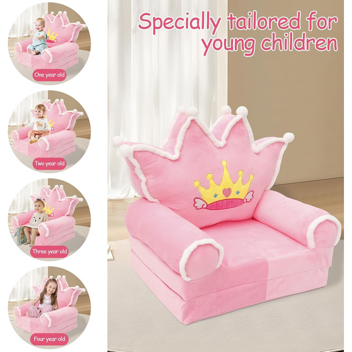 Дитяче крісло, зручний дитячий диван-ліжко, розкладний диванчик для малюків, легке дитяче крісло-шезлонг, портативний диванчик для дітей віком від 1 до 4 років (рожева хутряна корона з кульок)