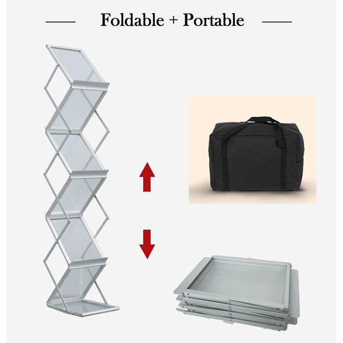 Складана підставка для брошур TUKA-i-AKUT з 6 відділеннями, формат A4, виготовлена з алюмінію/акрилу, включає сумку для перенесення, підставку для літератури, підставку для брошур на підлогу, підставку для журналів, тримач для каталогів, складаний дисплей