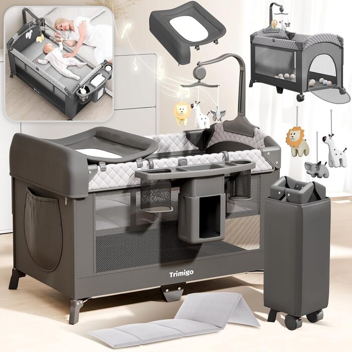 Складане дитяче ліжечко, дорожнє ліжечко та приліжкове ліжечко Портативне дитяче ліжечко, регульоване по висоті, портативне та зручне для зберігання, включаючи іграшки, пеленальний столик та москітну сітку Подарунок для молодих батьків