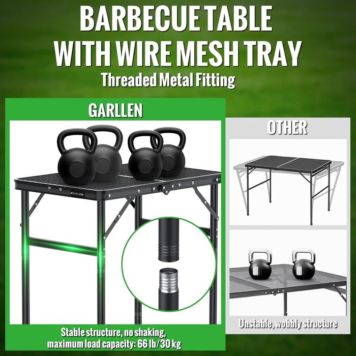 Складаний стіл-гриль GARLLEN, 60x40 см та 3 регульовані висоти (27/51/75 см), легкий та портативний, складаний стіл, кемпінговий стіл, бічний столик, садовий стіл, стіл для пікніка, невеликий стіл-гриль для кемпінгу, чорний, 60 x 40 x 27/51/75 см