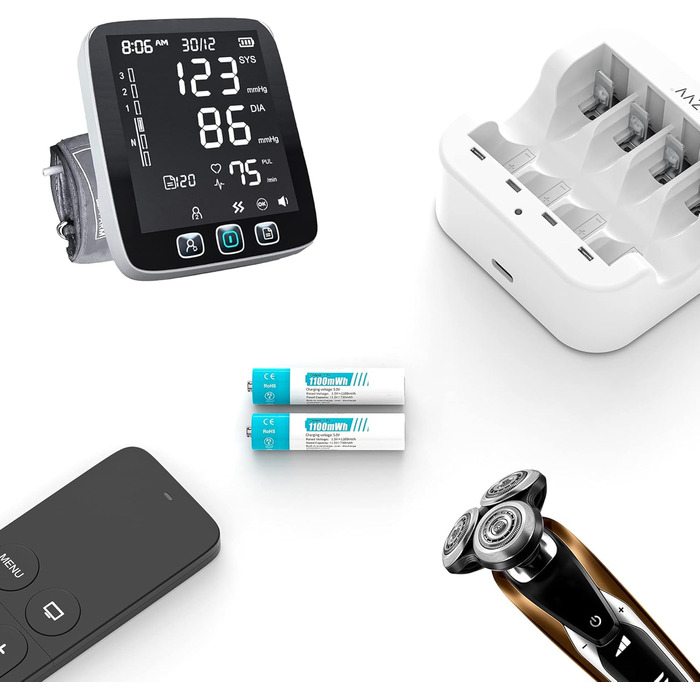 Акумуляторні літієві батарейки AAA 1,5 В - 4 батарейки високої ємності 1100 мВтгод з РК-дисплеєм, надшвидка зарядка 2 години - тривалий термін служби 10 років, 1300 циклів зарядки для іграшок, бритв тощо - в комплекті 4 батарейки зарядний пристрій з білим