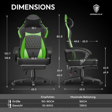 Ігрове крісло Dowinx, гоночне ігрове крісло, ергономічне ігрове крісло з поперековою опорою, ігрове крісло зі штучної шкіри 150 кг, зелене