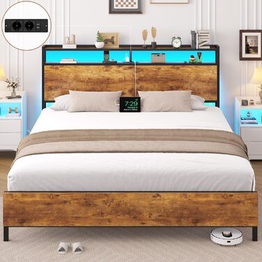Ліжко 120x200 см зі світлодіодним освітленням та 2 USB 2 розетками змінного струму. Металевий каркас ліжка 120x200 з металевим каркасом та дерев&39яним узголів&39ям з місцем для зберігання речей, каркас двоспального ліжка. Міцне та стійке. Легке складання
