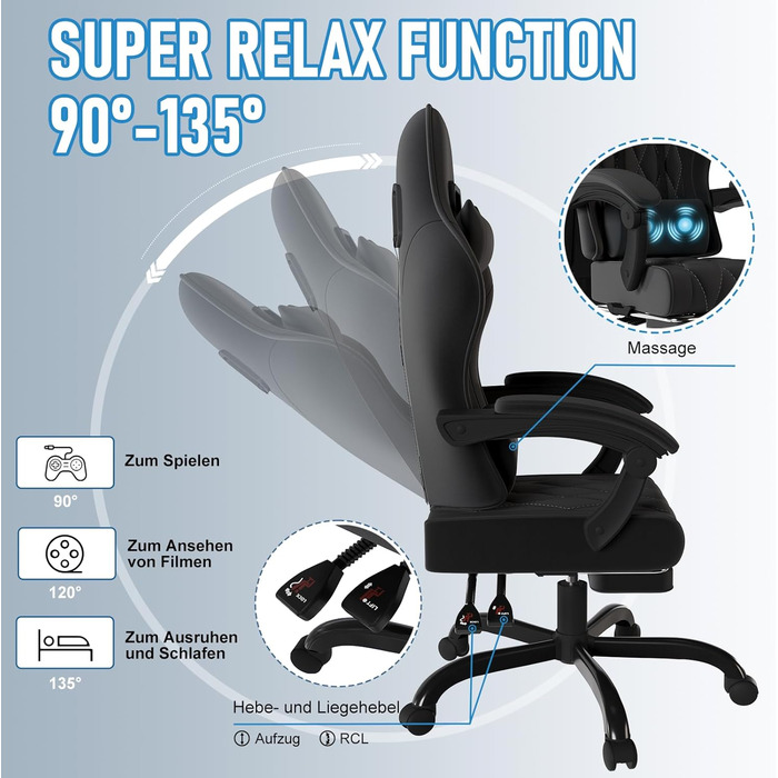 Ігрове крісло JUMMICO, тканинне з пружинною амортизацією, ергономічне офісне крісло з масажером. Ігрове крісло з підголівником, підставкою для ніг, регульована висота. Геймерське крісло, вантажопідйомність 150 кг, чорний колір