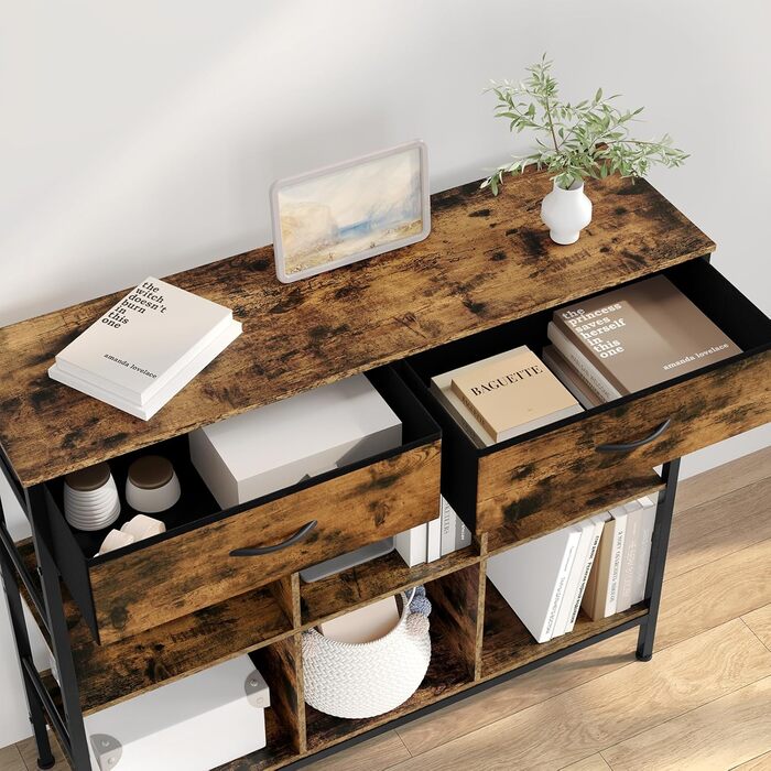 Полиця, книжкова шафа з 2 шухлядами, 6 відкритих відділень, окремостояча полиця з металевим каркасом, полиця для зберігання, для вітальні, кабінету, спальні, рустикальний коричневий, чорний вінтажний коричневий