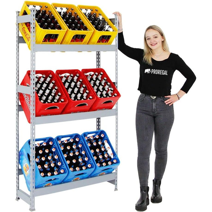 Стелаж для напоїв PROREGAL Camel на 9 ящиків, ВxШxГ 180x100x30 см, вантажопідйомність на полицю 100 кг, сірий, полиця для підвалу, полиця для зберігання, полиця для майстерні, полиця для гаража, сірий, ВxШxГ 180x100x30 см - на 9 ящиків