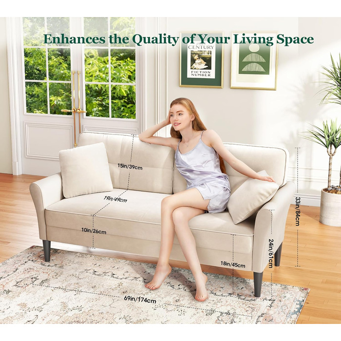 Невеликий 3-місний диван, 175 см. Зручний маленький диван для кімнати підлітка, швидке складання за 3 хвилини без інструментів, сучасний маленький диван для квартири або офісу, бежевий, 175 см.