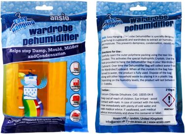 Осушувач повітря для гардеробу ANSIO, підвісні сумки, 6 шт. , пастка, осушувач конденсату для вологи, цвілі, спальні, каравана, ванної кімнати, підвалу, офісу 210 г кожен, упаковка з 6 шт.