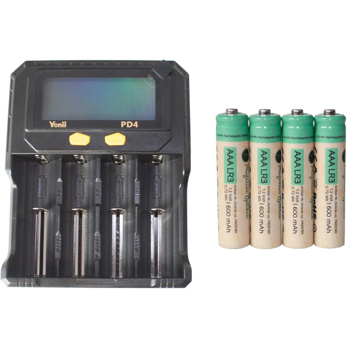 Універсальний зарядний пристрій для літій-іонних (Li-ion) та нікель-металгідридних (Ni-MH) акумуляторів - функція тестування акумулятора - РК-дисплей, USB-кабель - додатково батарейки (вкл. 4 шт. AA/Mignon)
