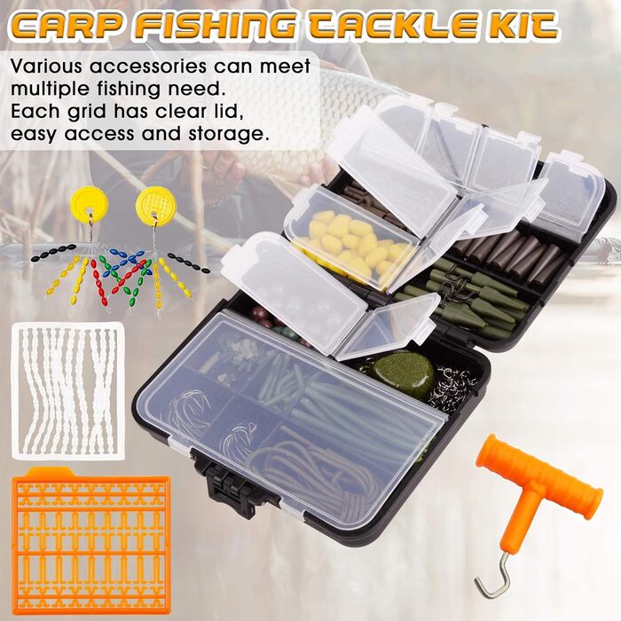 Набір снастей для лову коропа OROOTL, 277 предметів, коробка для риболовлі на коропа з аксесуарами, гачки для лову коропа, вертлюги, запобіжні затискачі, рукави проти заплутування