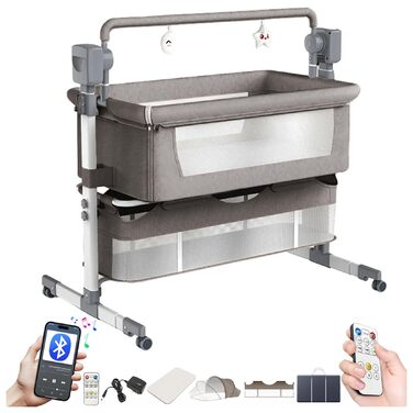 Дитяче ліжечко Magic ZC Electric Bluetooth з колесами, розкладне, що трансформується, для спільного сну, пульт дистанційного керування, 5 гойдалок, колиска-колиска з музикою (601 світло-сірий)