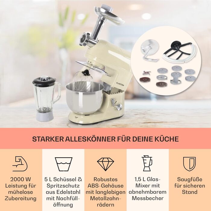 Кухонний комбайн Klarstein з м'ясорубкою, тістомісильна машина потужністю 1800 Вт маленька, 6 рівнів, вінчик для перемішування та гачок для тіста, планетарна мішалка, змішувальна машина з міксером Classic Cream