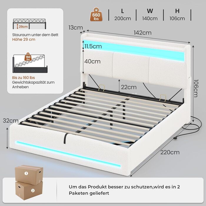 М&39яке ліжко 140x200 з розетками та світлодіодним освітленням, двоспальне ліжко з узголів&39ям для зберігання речей, ліжко 140x200 з гідравлічним металевим каркасом та дерев&39яною рейковою основою, букле, бежевий (без матраца) 140x200 см бежевий