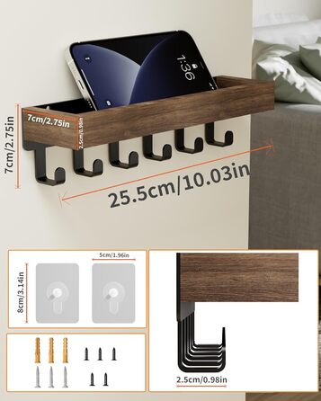 Ключниця з дерев'яним лотком і 6 гачками - багатофункціональна ключниця/дошка для ключів, ключниця з поличкою для передпокою, спал