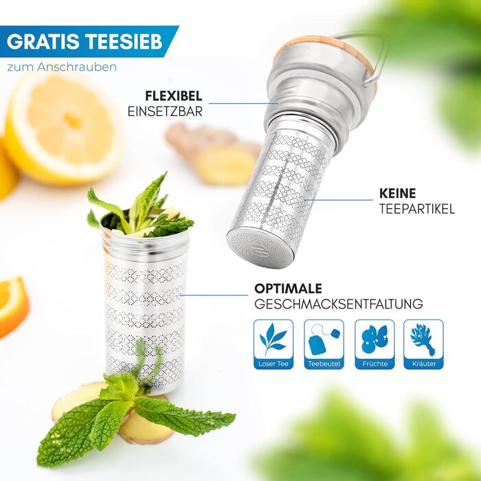 Ізольована пляшка для води NORDMUT з нержавіючої сталі 1 л заварник для чаю Термос, який можна мити в посудомийній машині Ізольована пляшка для дітей та дорослих Герметична пляшка для води З практичним заварником для чаю 1000 мл