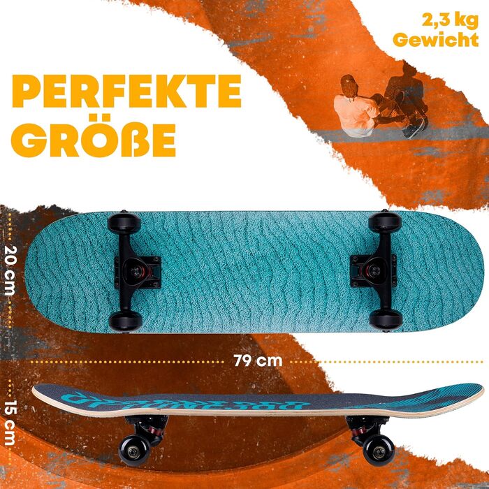 Скейтборд 31" Turquoise Fun Street – дитячий бірюзовий компліт 7-шаровий клен, для будь-якого віку та стилю, готовий до катання