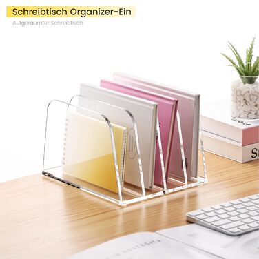 Акриловий тримач для листів та органайзер для столу SANRUI (4 відділення) - вертикальний лоток для листів для пошти, блокнотів A5 та планшетів Прозорий органайзер для тіней для повік та сортувальник (прозорий)