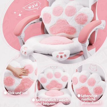 Рожеве миле ігрове крісло з котячою тканиною з поперековою подушкою у формі котячої лапи та котячими вушками, ігрове крісло з підставкою для ніг, ергономічне ПК-крісло для дітей, дорослих та дівчаток, вантажопідйомність 140 кг, рожеве, біле