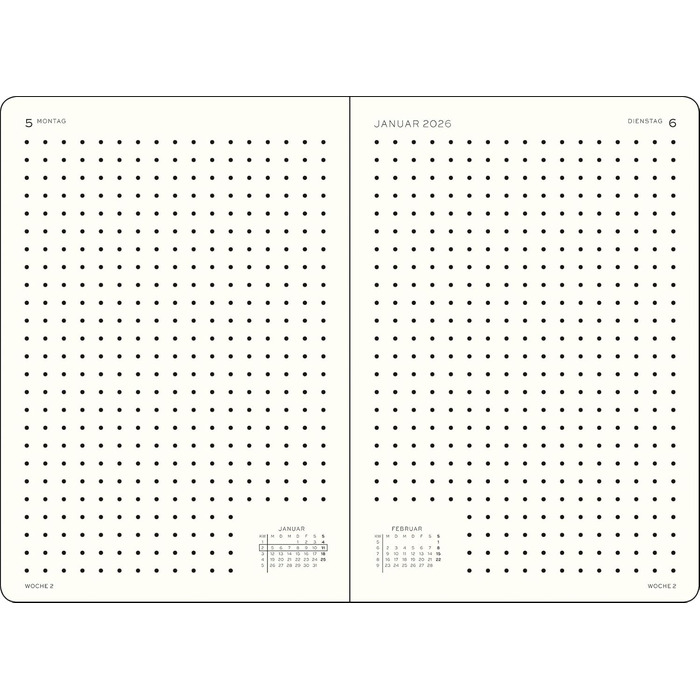 Щоденний календар з крапкою, середній (A5) 2026, 12 місяців, чорний, німецький, 1917 372599