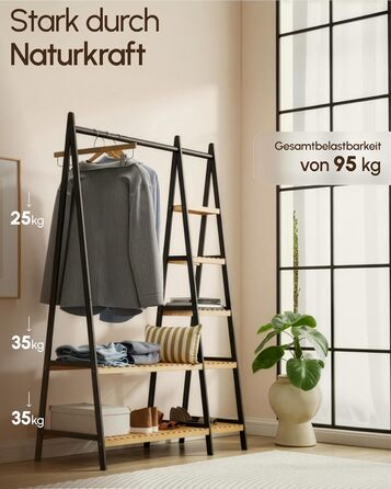 Вішалка для одягу, штанга для одягу, підставка для гардеробу, 44 x 110 x 160 см, шафа, полиця для взуття, відкрита шафа, 7 полиць, спальня, передпокій, бамбук, чорний