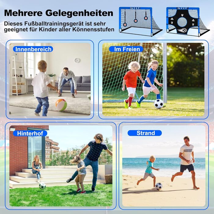 Висувні футбольні ворота для дітей, садові футбольні ворота, вуличні футбольні ворота для дітей з цільовими зонами, три ворота, футбольні, 6 перешкод та сумка для перенесення, сині