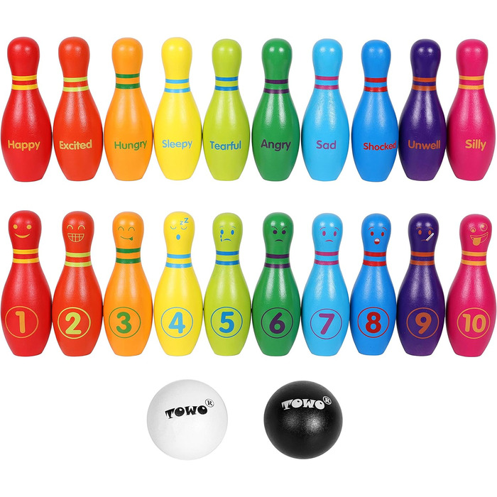 Дерев&39яна іграшка для боулінгу для дітей - Великий набір для боулінгу для дітей з обличчями та цифрами - Набір для боулінгу з 10 кеглями та 2 дерев&39яними кулями для боулінгу - Дерев&39яна іграшка для 2-річних малюків