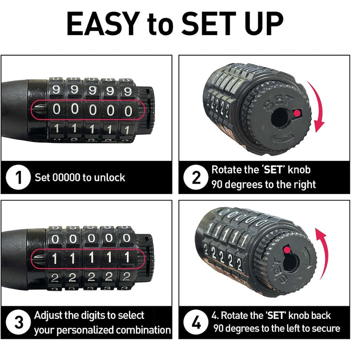 Кабельний замок для велосипеда та самоката, 5-значний код, з можливістю скидання, кодовий замок, захист від крадіжки, надійна фіксація, 177,8 см (70 дюймів), комплект з 2 шт.