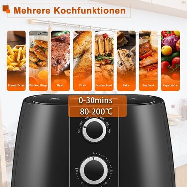 Аерофритюрниця OFCASA XL 3.8 л 1450 Вт, фритюрниця з гарячим повітрям, таймер на 30 хвилин і контроль температури 80-200C, фритюрниця без олії з подвійною ручкою Contro, кошик з антипригарним покриттям, безмасляна фритюрниця для чіпсів, чорна подвійна кно