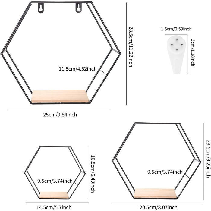 Набір Liesun з 3 шестигранних настінних полиць з металу, полиця без свердління чорна, підвісна, настінна, вітальня.