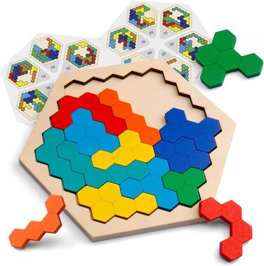 Coogam Wooden Hexagon Puzzle - Shape Block Tangram Brain Teaser Toy Geometry Logic IQ Game STEM Montessori Education Gift for All