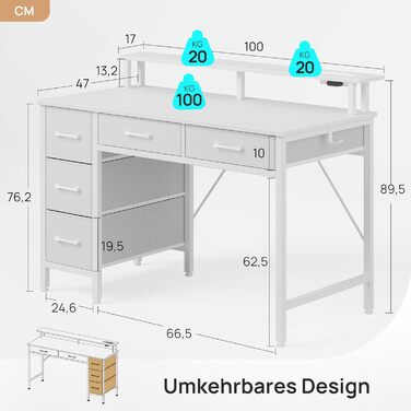 Письмовий стіл Rolanstar з 5 шухлядами, комп&39ютерний стіл з розетками, ігровий стіл зі світлодіодним освітленням, підставка для монітора, для домашнього офісу, спальні, вітальні, офісу (білий, 100) Білий 100