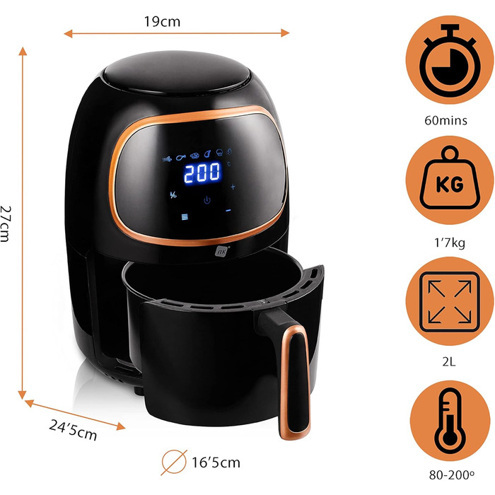 Фритюрниця, проста у використанні, 6 програм, антипригарне покриття, 1000 Вт, регульована температура до 200C, 2L -