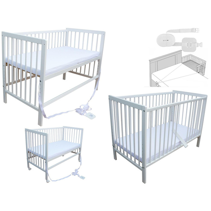 Дитяче ліжко - тумбочка - ліжко-трансформер 120x60 см з ременем, колесами та матрацом (біле з матрацом)