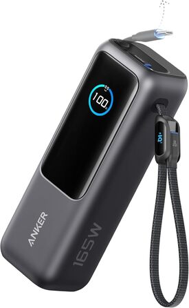 Зовнішній зарядний пристрій Anker для ноутбука, 25000 мАг 165 Вт USB-C, 3 порти USB-C по 100 Вт для заряджання кількох пристроїв, вбудований висувний кабель, для iPhone 17/16/15, MacBook, Samsung та інших, чорний