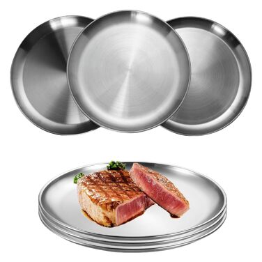 Тарілки з нержавіючої сталі, 6 шт., діаметр 20 см, для барбекю, круглі, для випічки, кемпінгу, пікніків, кухні та вечірок - набір з 6 шт.
