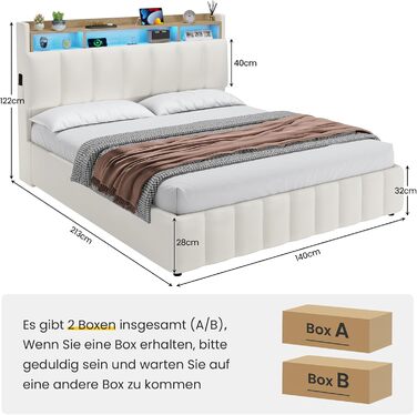 Ліжко зі світлодіодним освітленням, гідравлічне ліжко 140 x 200 см, м&39яке ліжко, узголів&39я з полицею та місцем для зберігання речей, каркас ліжка з рейковою основою, зручне, для спальні, гостьової кімнати, PU білий 140 x 200 білий