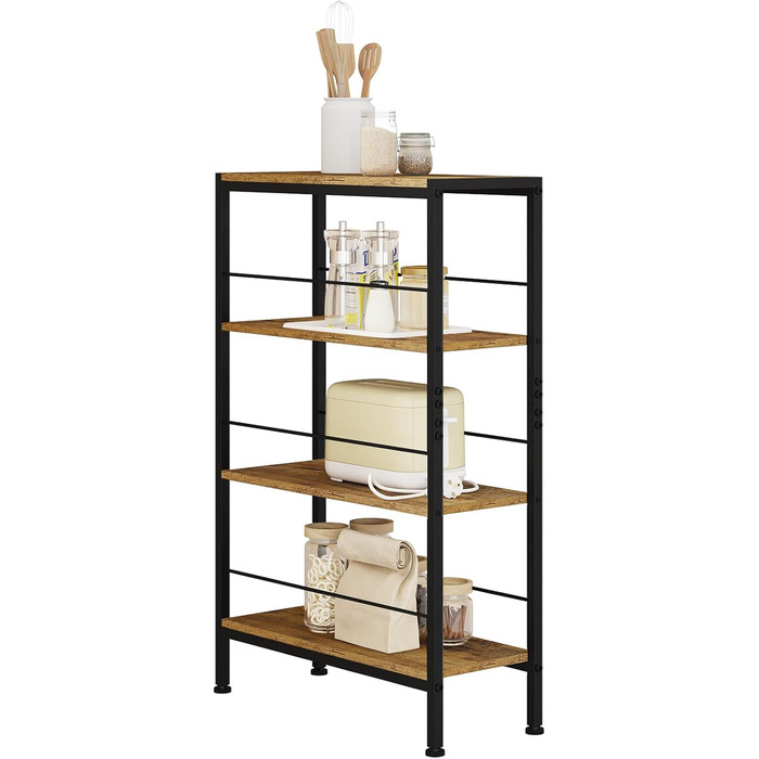 Полиця, Нішева полиця з 4 ярусами, Кухонна полиця для спецій, Вузька полиця-драбина, для кухні-вітальні, Дерево та метал, Вінтажний коричневий та чорний, 50x78x20 см, RGB52shm 50x20x78 Вінтажний коричневий чорний