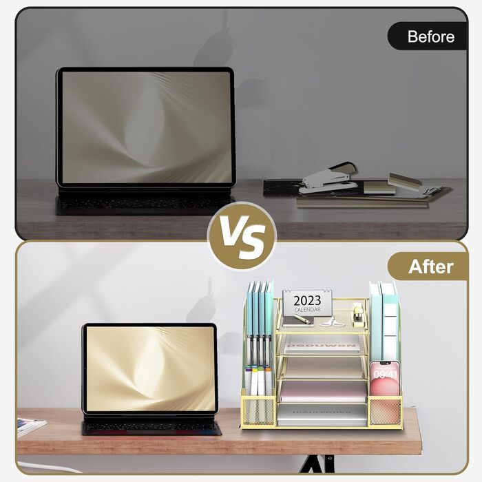 Настільний органайзер SUPEASY Grid з тримачем для файлів, 5-шаровий лоток для паперу та листів з тримачем для журналів, настільний органайзер та блок зберігання, золотистий