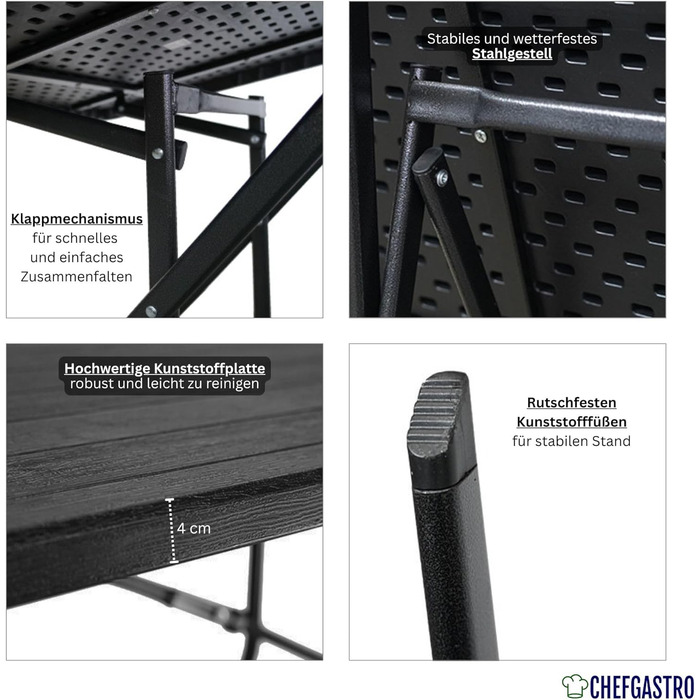 Складаний балконний стіл 78x78 см, водонепроникний садовий стіл для 4 осіб, пластиковий, під дерево, чорний, кемпінговий стіл, вуличний складний стіл, невеликі меблі для балкону, бістро, сад, тераса, балкон, під дерево, чорний