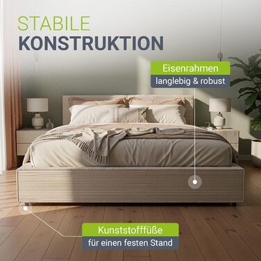 Ліжко Juskys Salerno з м&39якою оббивкою 180 x 200 см Cord Beige, сучасне ліжко з узголів&39ям та узніжжям, міцний каркас з дерева та металу, рейкова основа, вантажопідйомність 500 кг, бежевий 180x200 см