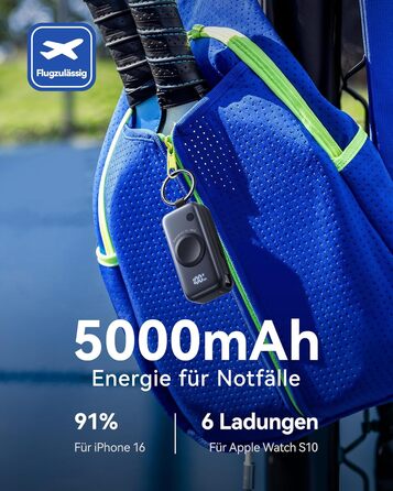 Міні-зовнішній зарядний пристрій для Apple Watch та iPhone з кабелем USB-C, портативні зовнішні акумулятори для телефону 5000 мАг 20 Вт PD, дорожні гаджети для Apple Watch Ultra 11 10 9 8 7 6 5 SE, iPhone 17 16 15 чорного кольору