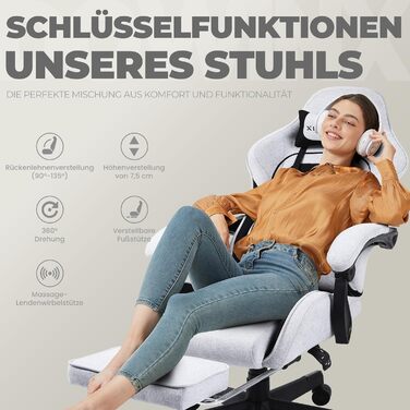 Ігрове крісло Dowinx, тканинне офісне крісло з пружинною подушкою Pocket Spring, масажне ігрове крісло з підголівником, ергономічне офісне крісло з підставкою для ніг (чорно-сіре), смугасте, звичайне - Upgrade