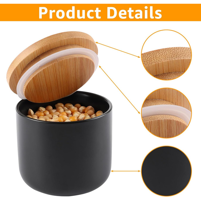 Набір з 4 керамічних контейнерів для зберігання, керамічна банка 260 мл з кришкою, наклейкою та силіконовим кільцем, чорна цукорниця для спецій, цукру, кави