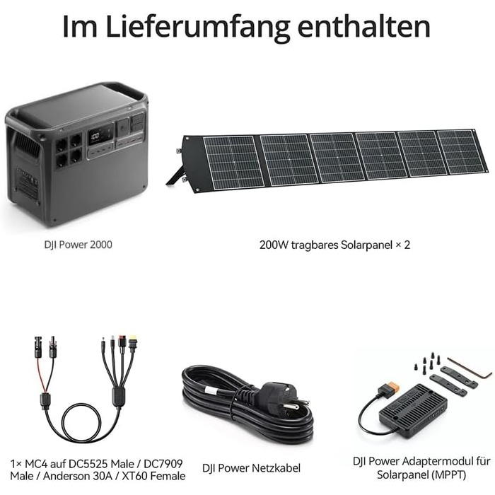 Портативна електростанція DJI Power 2000, сонячний генератор потужністю 2048 Втгод, 3000 Вт, 2 складні сонячні панелі по 200 Вт, роз&39єми MC4 - DC5525 чоловічий / DC7909 чоловічий / Anderson 30A / XT60 жіночий, 1 x MPPT. Power 2000 2 сонячні панелі по 20