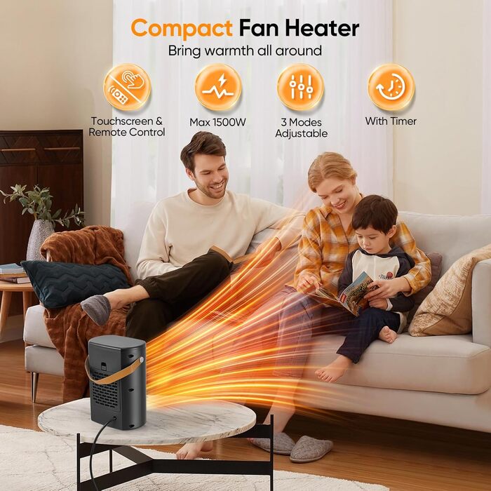 Тепловентилятор з пультом дистанційного керування, 1500 Вт, 3 режими нагріву, 12-годинний таймер, коливання 70, PTC-тепловентилятор, енергозбереження, захист від перегріву та перекидання, портативний та тихий, для дому та офісу