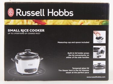 Рисоварка Russell Hobbs міні маленька 0,4 л (функція збереження тепла, каструля з антипригарним покриттям, ложка для рису та мірна чашка, також ідеально підходить для кіноа та кускусу, підігрівач рису) 27020-56