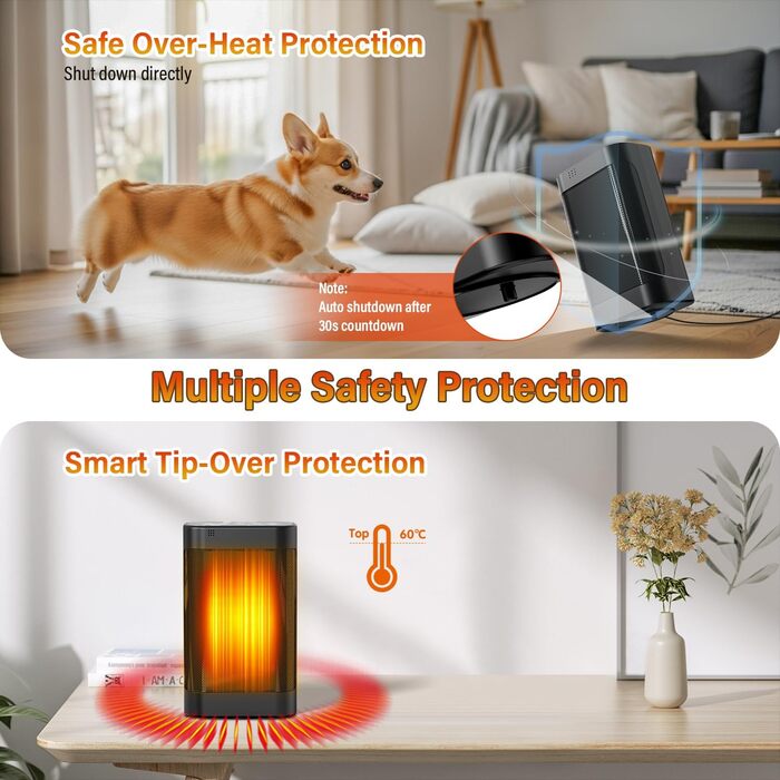 Електричний обігрівач потужністю 1500 Вт з дистанційним керуванням, керамічний нагрівальний елемент PTC, тиха робота з коливаннями 70, захист від перегріву та перекидання, 12-годинний таймер, для використання в приміщенні